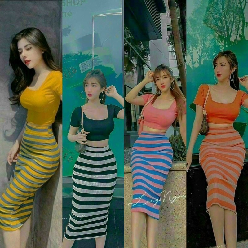 SET VÁY CỔ VUÔNG SỌC SIÊU XINH