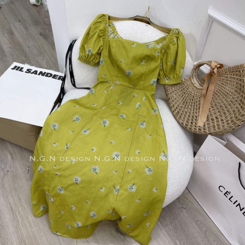 Váy hoa cổ vuông nơ lưng