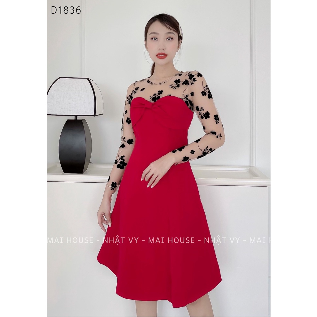 Đầm Đi Tiệc NHẬT VY Dáng Xòe Tay Lưới Hoa Nổi Chất Cotton Màu Đen, Đỏ -  D1836