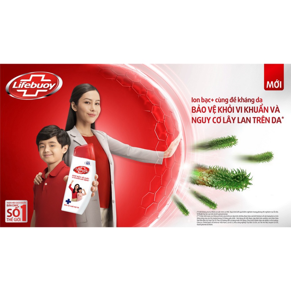 Sữa tắm Lifebuoy 1kg  giúp bảo vệ khỏi 99.9% vi khuẩn và ngăn ngừa vi khuẩn lây lan trên da tốt nhất