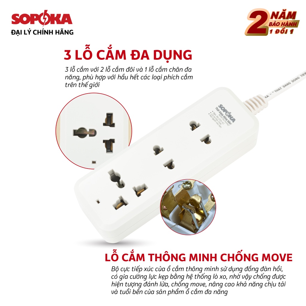 Ổ cắm điện đa năng thông minh Sopoka chịu tải 1200W 3B 3C chống va đập, chịu nhiệt, nhỏ gọn, an toàn