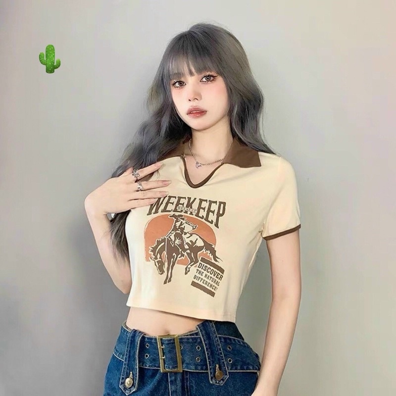 ÁO CROPTOP CỔ BẺ nâu PC IN CHỮ