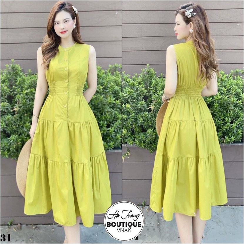 Váy maxi dáng dài, váy nữ sát nách xanh cốm (4 sz SMLXL)