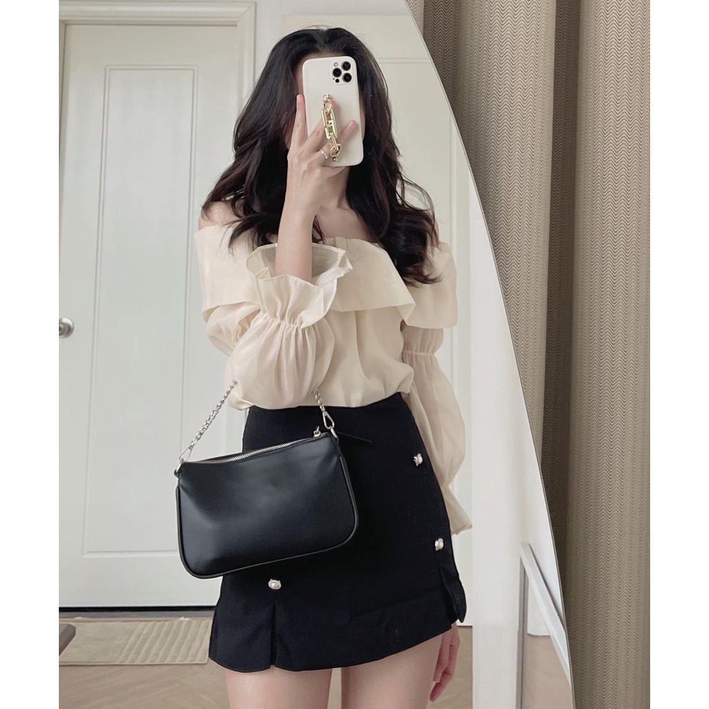 (ảnh thật) Audrey Set áo tơ trễ vai chân váy 4 khuy 793