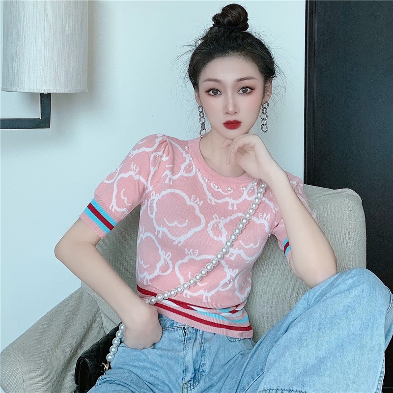 Áo thun ZHELIHANGFEI tay ngắn dệt kim lụa lạnh eo cao đính ngọc trai phong cách Pháp thời trang mùa hè dành cho nữ