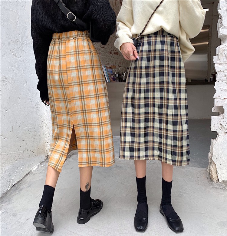 Long skirt / skirt / plaid skirt women / Korean style high waist mid-length retro Hong Kong flavor a-line skirt / A-line skirt / | BigBuy360 - bigbuy360.vn