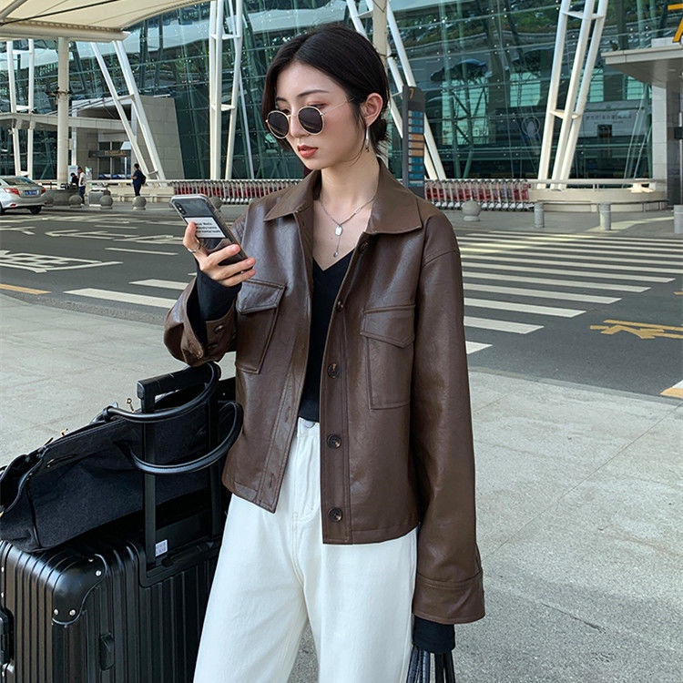 Áo khoác da phối lông dày thời trang thu đông phong cách Hong Kong cho nữ