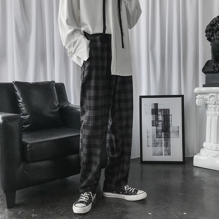 Plaid Casual Pants Men's Korean Style Loose Trend Straight Ins Cropped Trousers