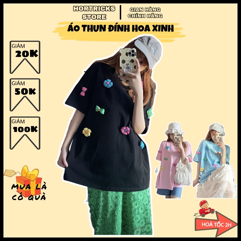 Áo thun nữ đính hoa nổi cực xinh, áo thun tay lỡ dáng rộng dưới 75kg HORTRICKS STORE