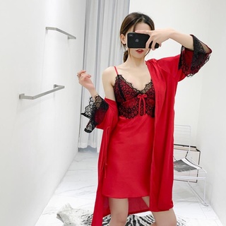 Set Đồ ngủ Lụa 2 dây kèm Áo choàng lụa Ren viền V