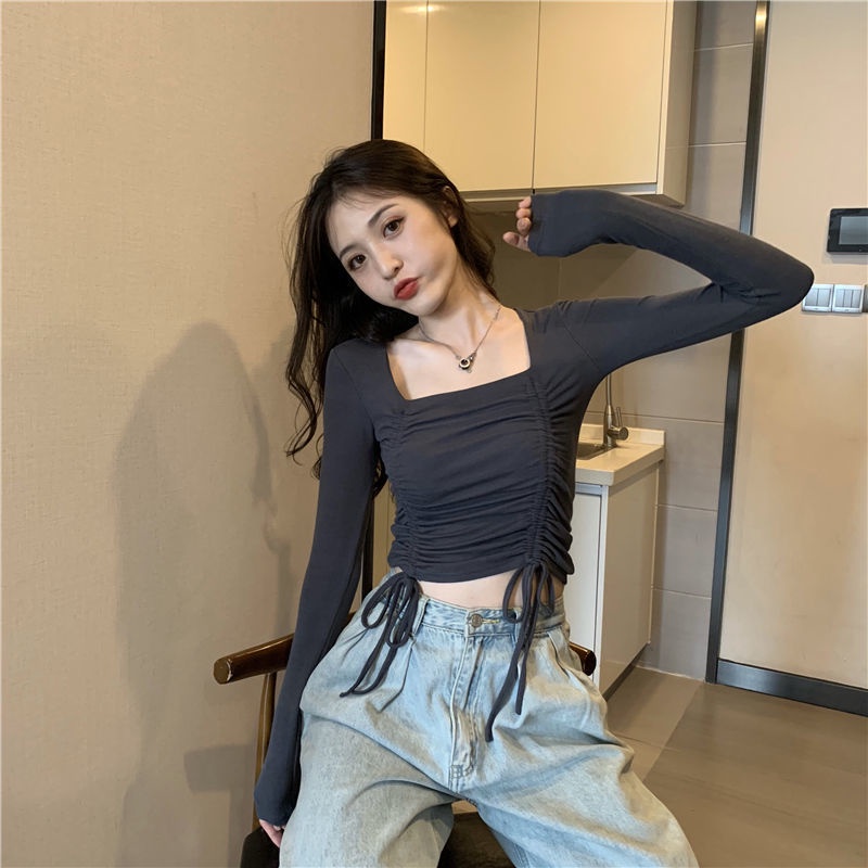 Áo thun COZOK dài tay cổ vuông thiết kế dây rút xếp ly xinh xắn