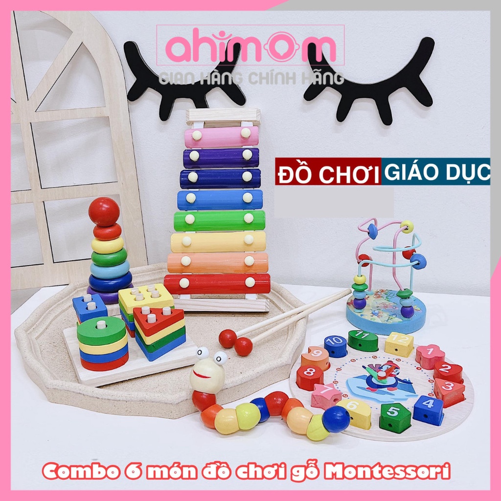 Đồ chơi cho bé - combo 6 món đồ chơi gỗ montessori giúp bé phát triển trí não, thông minh - Ahimom