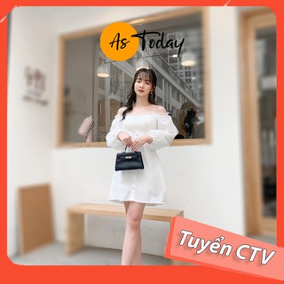 Đầm cổ vuông tay phồng trắng đen
