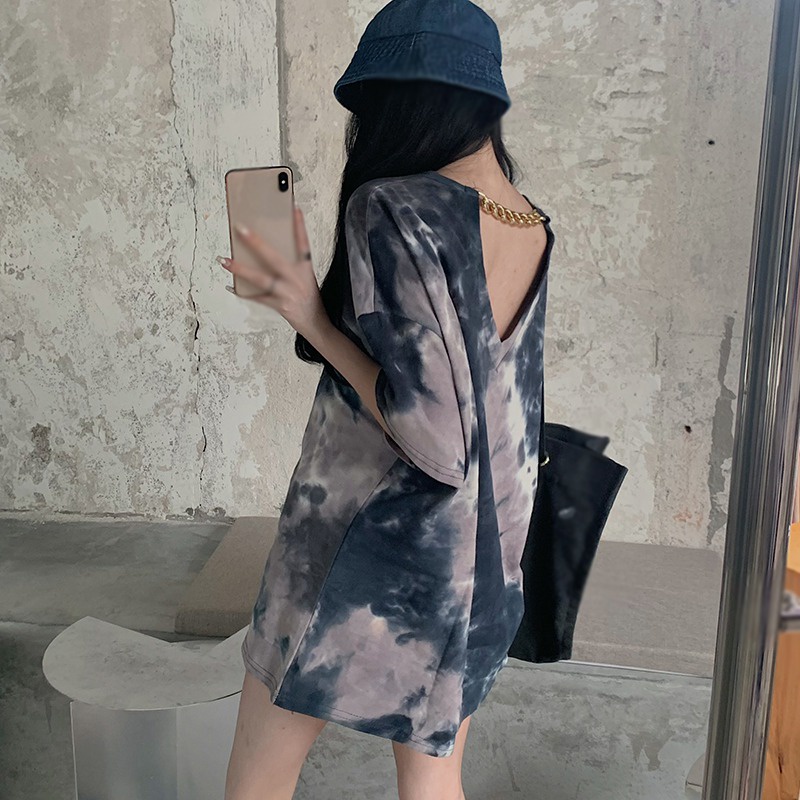 Áo thun tay ngắn dáng rộng màu loang hở lưng phong cách hàn quốc thời trang mùa hè cho nữ