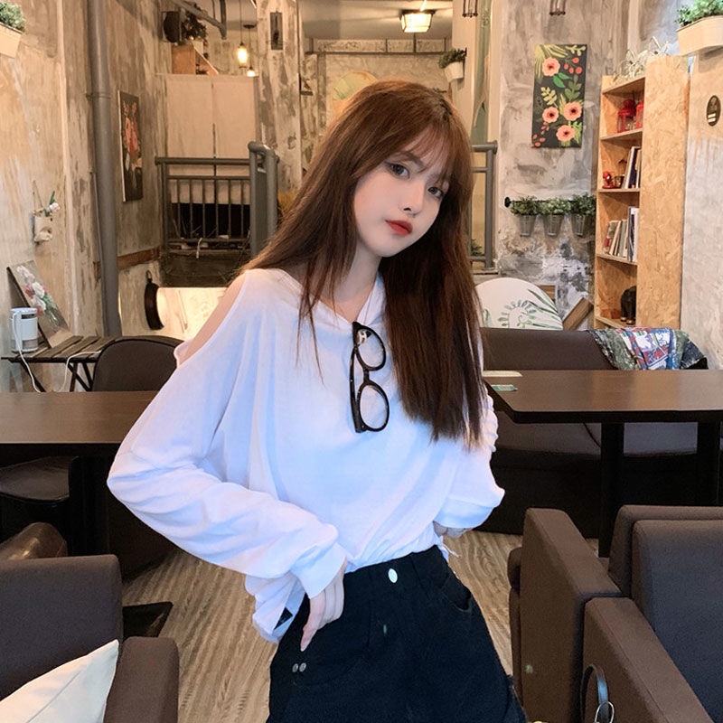 Jiashucheng Áo Thun Mỏng Tay Dài Dáng Rộng Hở Vai Phong Cách Hàn Quốc Thời Trang Xuân Thu Cho Nữ 100kg 300