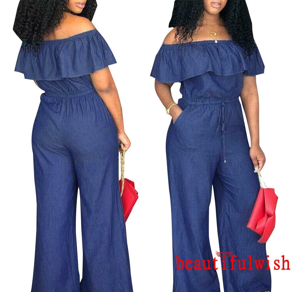 ✡Yl♀Jumpsuit Denim Trễ Vai Thiết Kế Dây Rút Eo Cao Thời Trang Xinh Xắn Cho Nữ | BigBuy360 - bigbuy360.vn