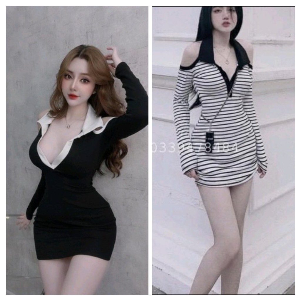 Đầm ôm body cổ bẻ hở vai phối sọc chất thun Gân Len co giãn 4 chiều hàng y hình ( Size từ 40-53kg )