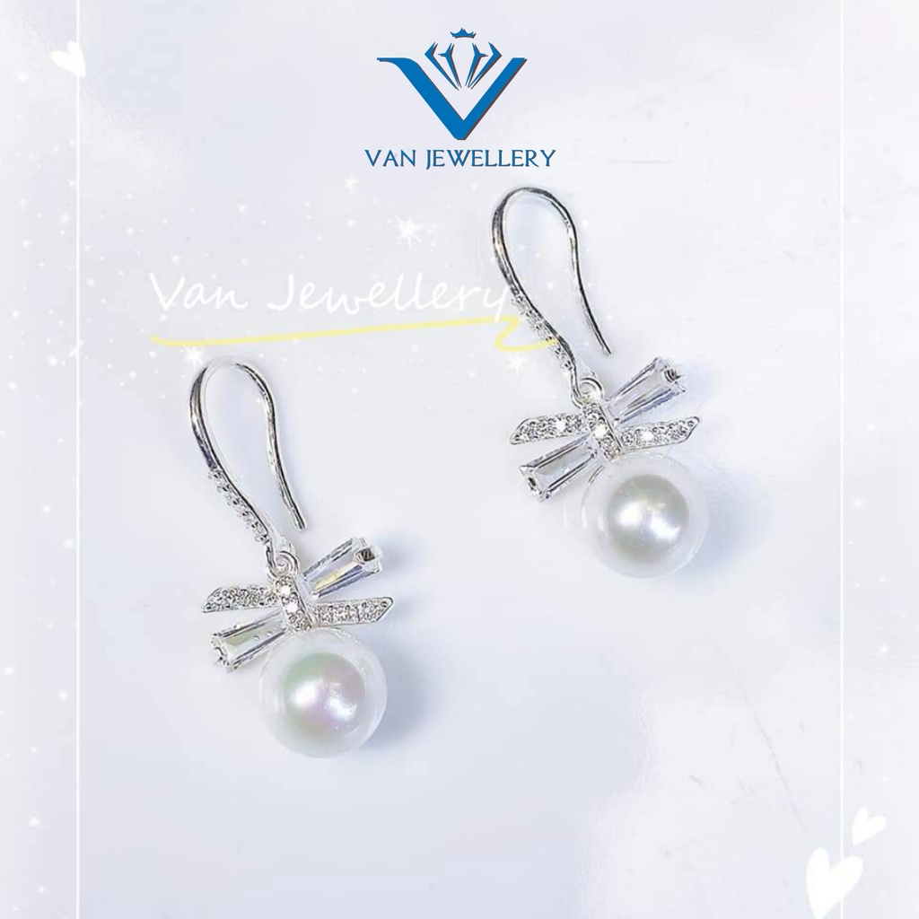 Bông tai bạc ta 925 Bông Nơ đính đá mix Ngọc Trai nhân tạo Van Jewelry V10393