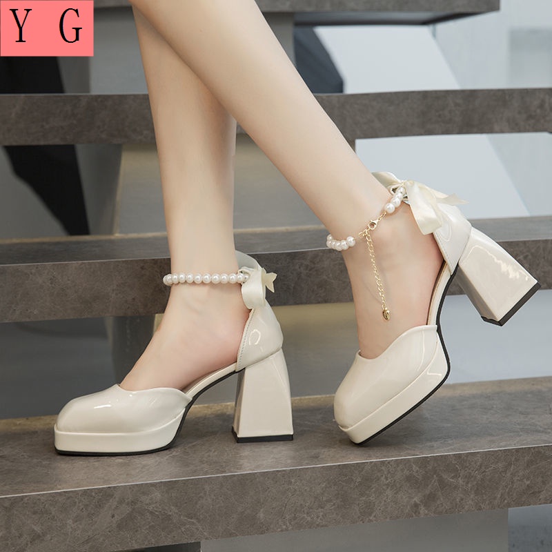 Giày Cao Gót Mũi Vuông Đế Dày Đính Nơ Và Ngọc Trai Chống Thấm Nước Kiểu Mới Thời Trang Xuân Hè 2022 Cho Nữ Size Lớn 42