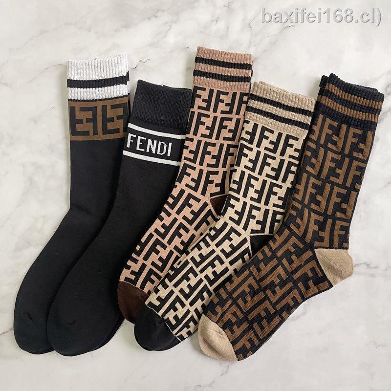 FENDI ☁Set 5 Cặp Vớ Cotton Thoáng Khí In Logo Gucci Thời Trang Sang Trọng Dễ Phối Đồ Phong Cách Nhật Bản Cho Nam Và Nữ