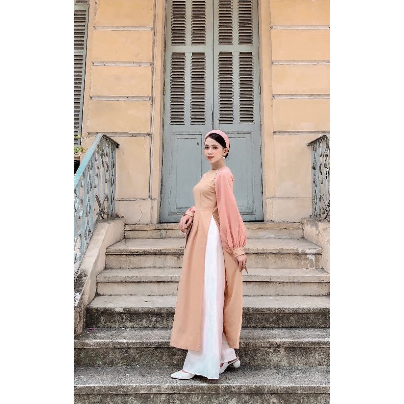 Áo dài hồng gạch phối tay