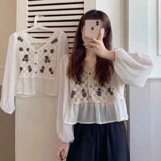 Hàng order - Áo len cổ V tay voan dài dáng babydoll siêu xinh