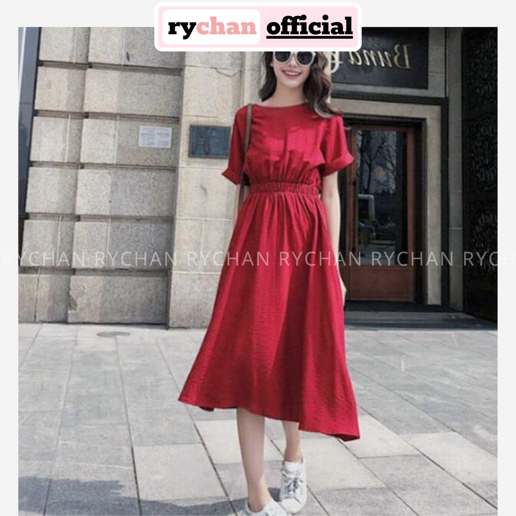 DX571 - Đầm Xòe Maxi Nhún Eo Phối Nút Sau Màu Đỏ [ẢNH THẬT CUỐI]
