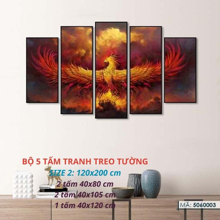 Bộ 5 Tấm Tranh Treo Tường Phong Thủy Chim Phụng Phượng Hoàng Lửa Canvas Trang Trí Phòng Làm Việc phòng khách 5060003