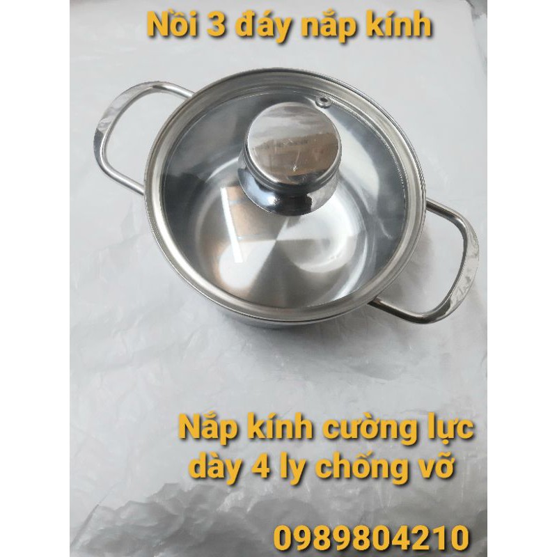 Nồi inox đun bếp từ size 16,nồi 1 đáy 3 đáy nắp kính nắp inox,Nồi inox bếp từ size 16 Vietcook.CAM KẾT CHÍNH HÃNG