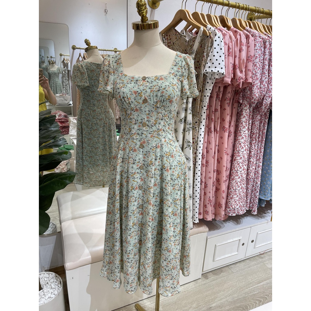 D138 VÁY CỔ VUÔNG HOA XANH