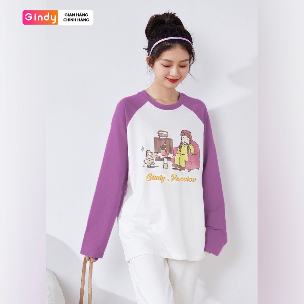 Áo thun phông dài tay nữ GINDY form rộng xuân hè in hình cổ tròn vải cotton 100% co dãn 4 chiều A051