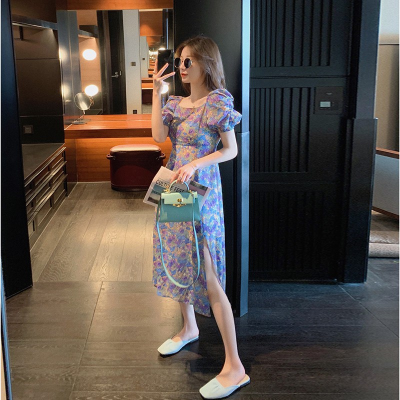 Đầm tay phồng cổ vuông in hoa xinh xắn cho nữ