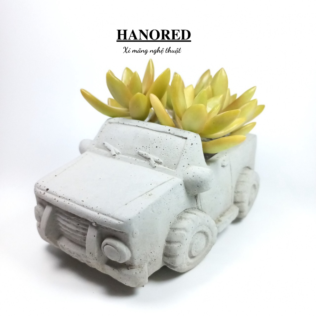 Chậu xi măng mini hình xe ô tô thể thao phượt mui phẳng HANORED trồng sen đá, xương rồng, tô tượng kích thước 14×9×7(cm)
