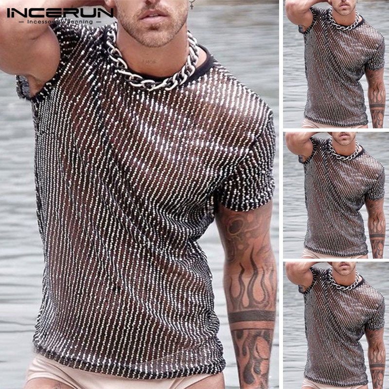 INCERUN Áo Thun Nam Ngắn Tay Họa Tiết Sọc Ngang