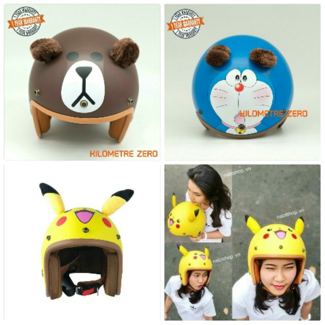 Mũ bảo hiểm 3/4 PIKACHU-DORAEMON-GẤU BROWN,Lót nâu cao cấp,Nam nữ đều đội được&lt;br&gt;-HÌNH THẬT 100%