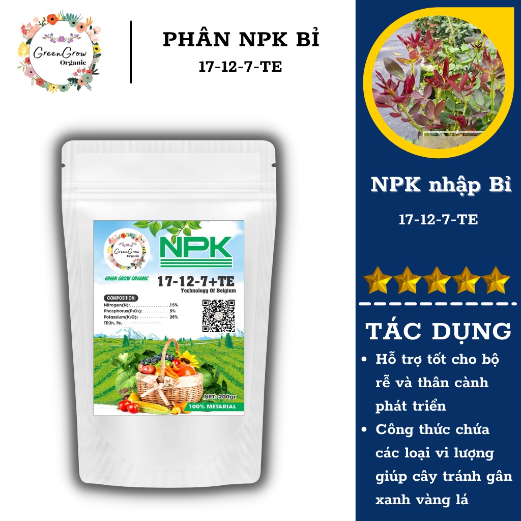 Phân bón NPK nhập nhẩu BỈ Green Grow Organic, phân npk 17 12 7 kích rễ kích chồi thân cành phát triển mạnh MS117