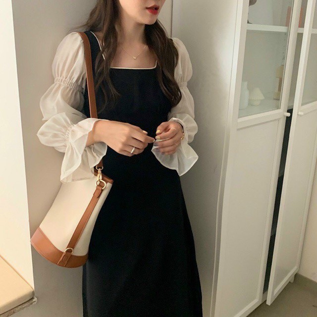 Váy Midi dáng dài thiết kế tay phồng phong cách Hàn Quốc Đầm Nữ Hoài Thương