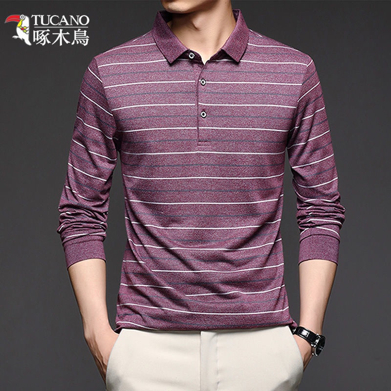 Áo polo Nam Tay Dài Dáng Rộng Họa Tiết Sọc Ngang Thời Trang