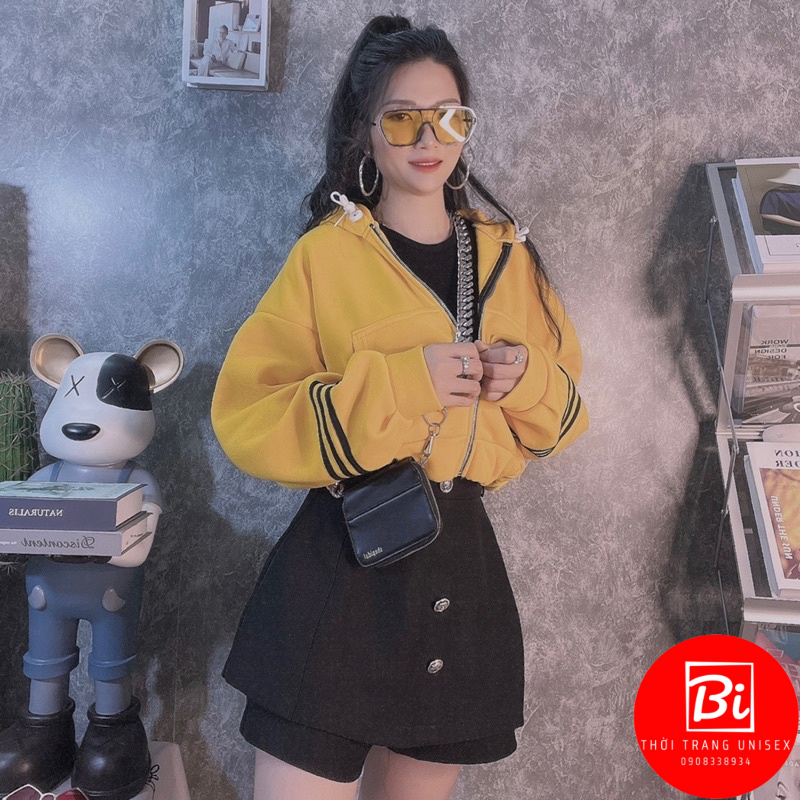 Áo Khoác Nỉ Dáng Lửng Có Nón Rộng May 2 Lớp_Chất Nỉ Bông Phồng Dày Mịn_Tay Cánh Dơi 3 Sọc Ngang_AK71