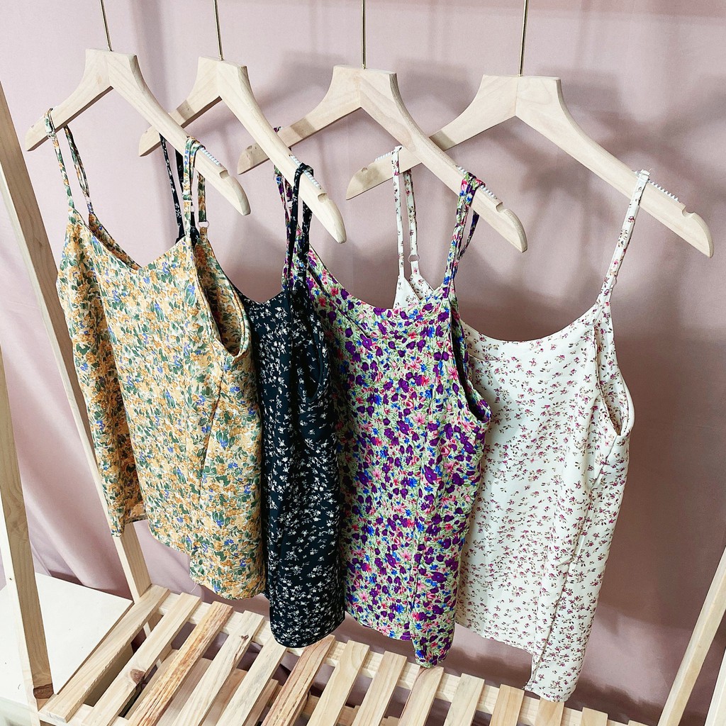 Áo Hai Dây Chất Liệu Voan Nhật Free Size Dưới 58 KG - Áo Ba Lỗ Nữ Hoa Nhí Phong Cách Trẻ Trung HD09