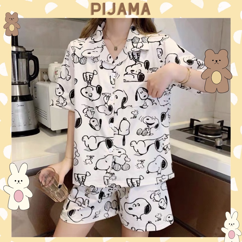 Bộ đồ ngủ pijama nữ cộc tay quần đùi chất lụa Kate Thái mềm mịn màu trắng họa tiết chó snoopy siêu đáng yêu
