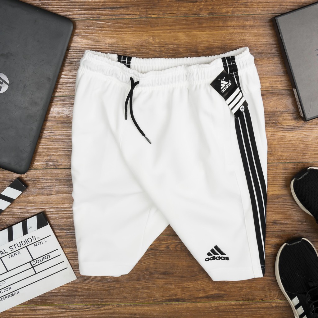 Quần đùi tập gym nam ba sọc logo adidas núi hai màu trắng đen chất liệu thun poly cực đẹp [ảnh thật]