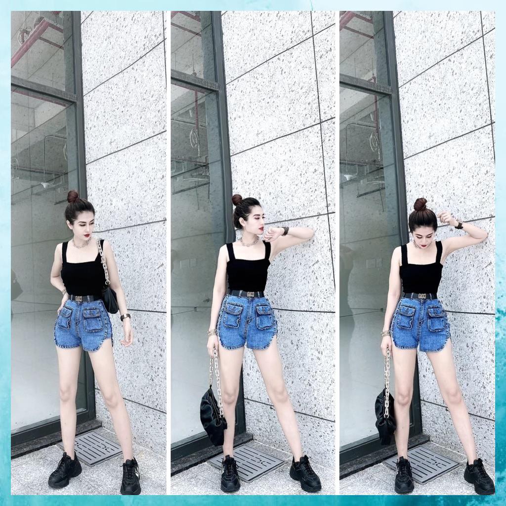 Quần shorts jeans trơn, quần sooc bò lưng cao túi hộp xẻ sườn. Mã S0115