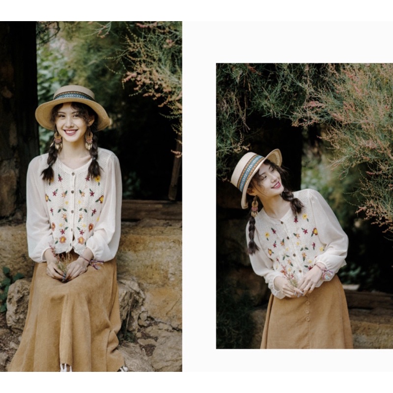 AR/Áo REN NGẮN DẠNG CROPTOP phong cách bohochic xinh xắn thêu hoa vintage dài tay vải voan công chúa sơ mi cúc gỗ