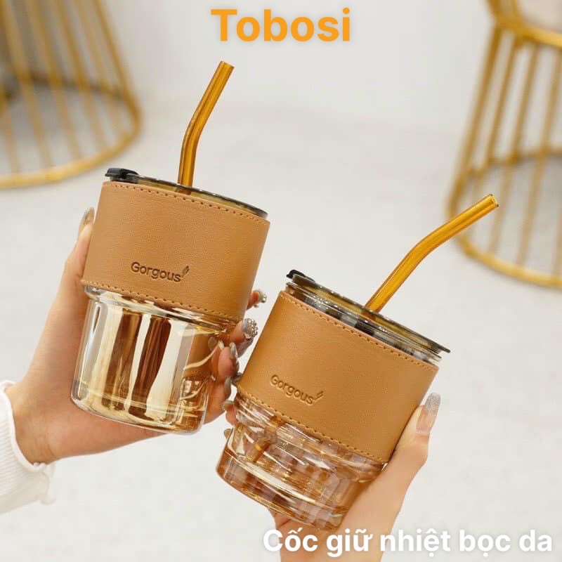 [ Hàng Loại 1 ] Cốc Thủy Tinh Bọc Da Sang Trọng 450ML - TẶNG Kèm Ống Hút Và Nắp Chống Tràn Tiện Lợi