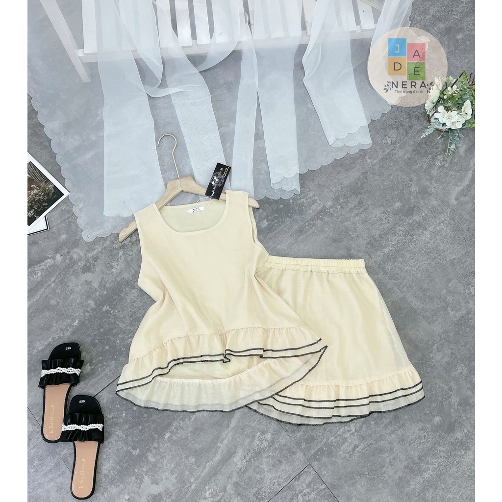 Set áo sát cánh và chân váy bèo tơ đũi nude vàng, hàng cao cấp - Freesize (40-58kg)