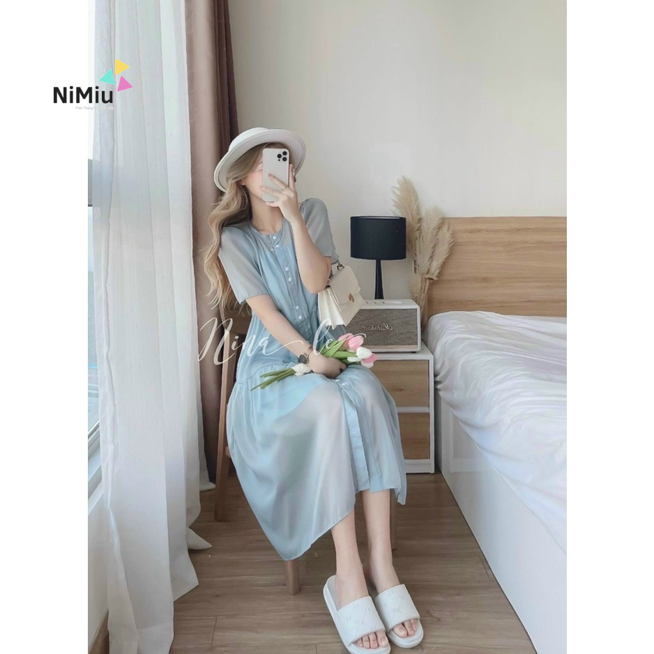 Đầm Nữ Thời Trang Mặc Đi Chơi, Đầm Chifon Lót Cotton Tay Ngắn Lưới Cổ Tròn Nút Trước Bánh Bèo Xinh Xắn
