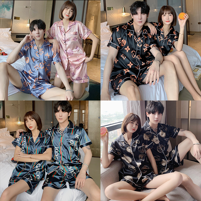 Thời Trang Unisex Bộ Đồ Ngủ Cặp Đôi Bộ Đồ Ngủ Mềm Người Yêu Lụa Satin Bộ Tay Ngắn Người Yêu Bộ Đồ Ng