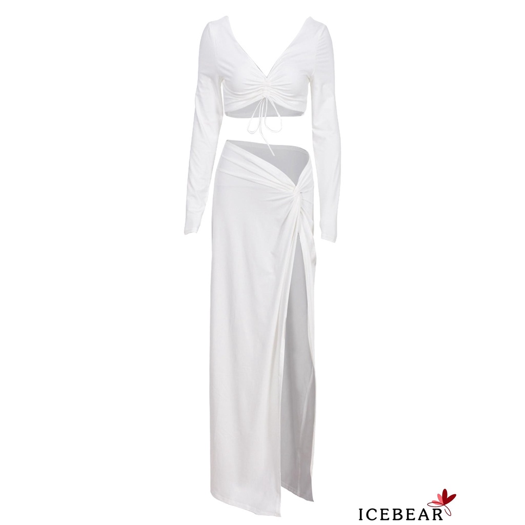 Bộ Áo Crop Top 2 Dây Rút + Chân Váy Xẻ Tà Màu Sắc Trơn Cho Nữ