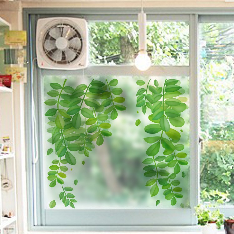 Decal trang trí dán kính cao cấp lá dây leo xanh